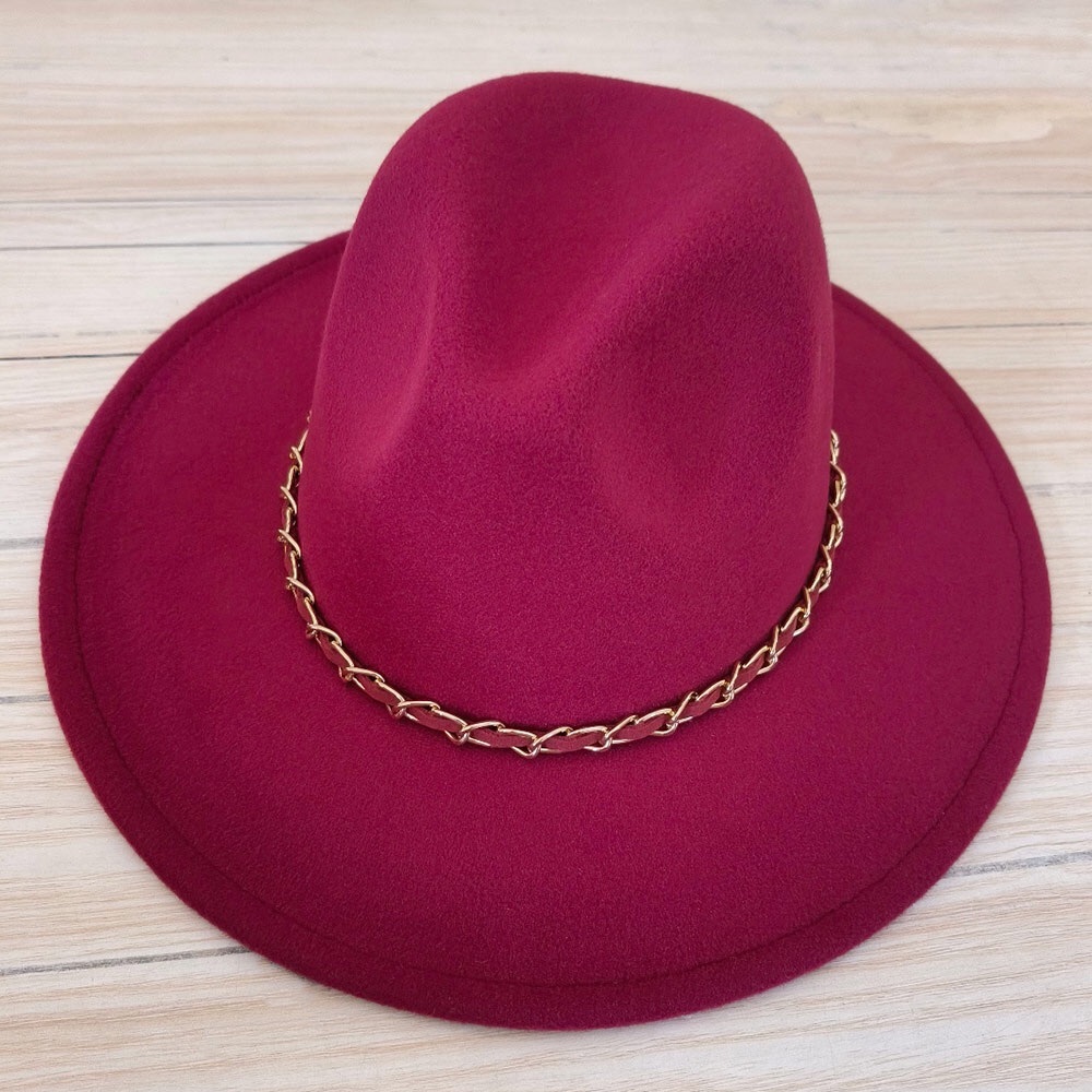 Burgundy Vegan Leather Braided Chain Band Fedora Hat